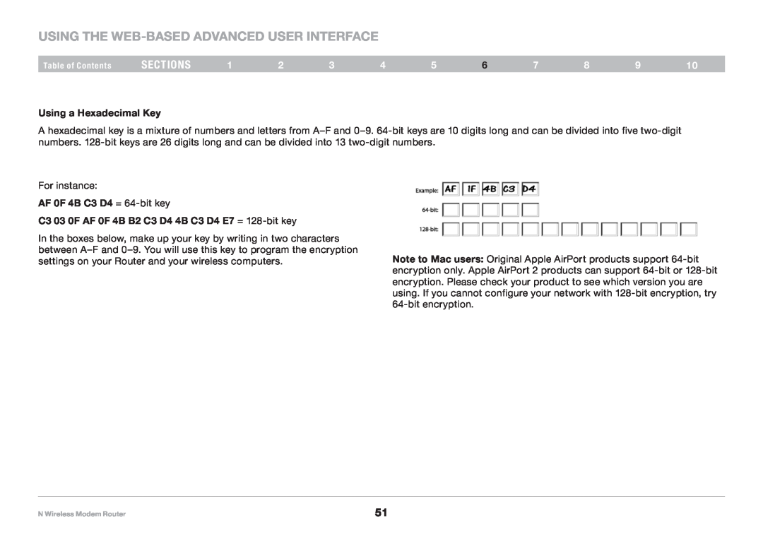Belkin PM01527ea F5D8636-4 user manual Using the Web-Based Advanced User Interface, sections, Using a Hexadecimal Key 