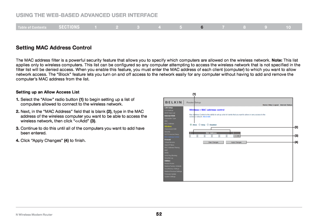 Belkin PM01527ea F5D8636-4 user manual Using the Web-Based Advanced User Interface, Setting MAC Address Control, sections 