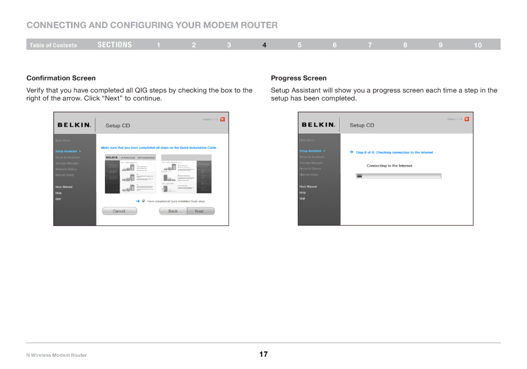 Belkin PM01527ea F5D8636-4 user manual Confirmation Screen Progress Screen 