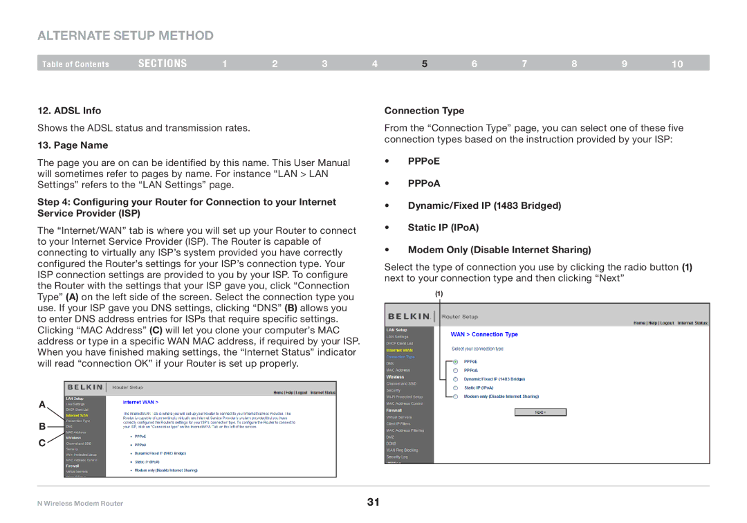 Belkin PM01527ea F5D8636-4 user manual Adsl Info, PPPoE PPPoA Dynamic/Fixed IP 1483 Bridged 