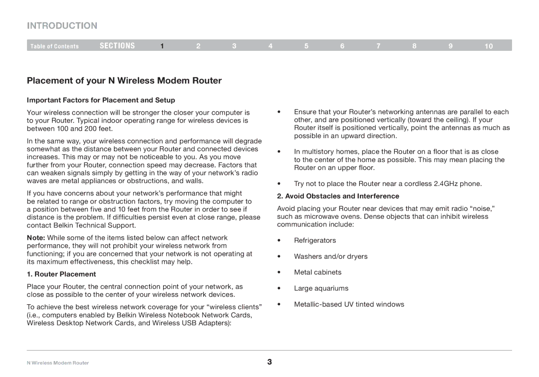 Belkin PM01527ea F5D8636-4 user manual Placement of your N Wireless Modem Router, Important Factors for Placement and Setup 