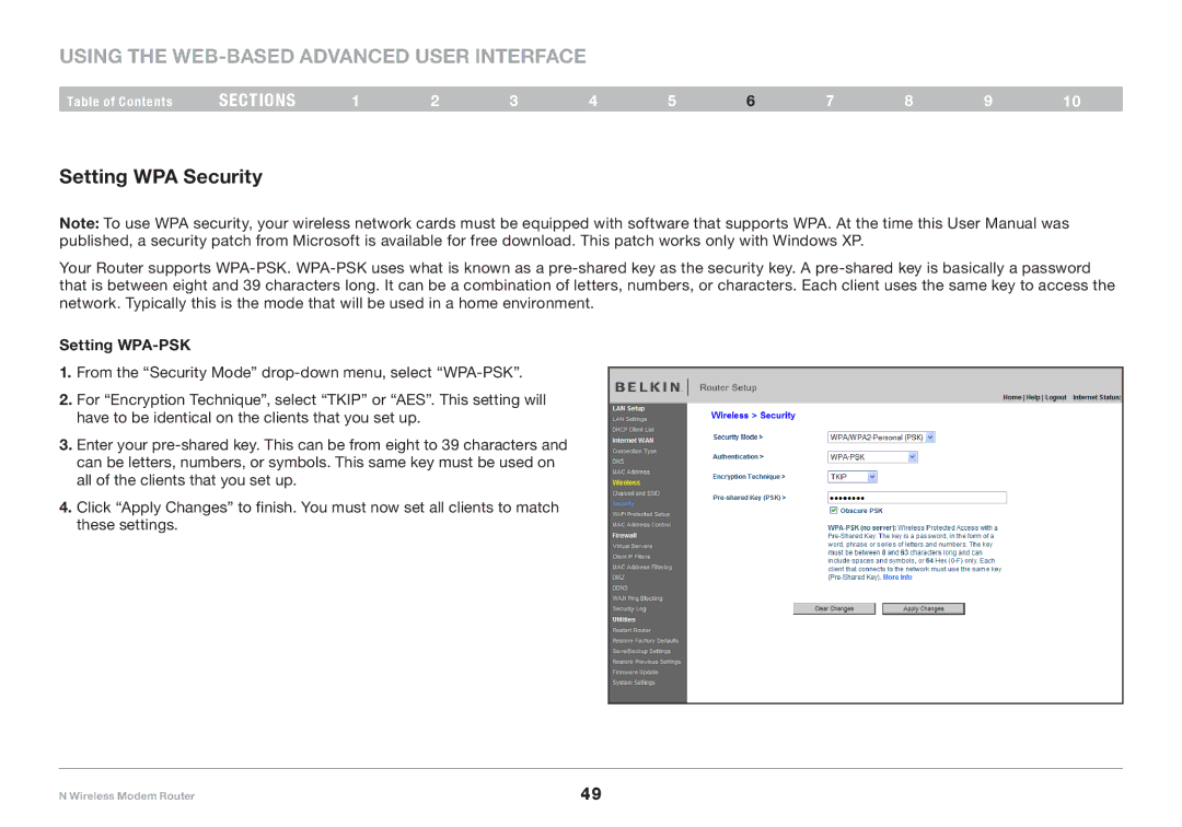 Belkin PM01527ea F5D8636-4 user manual Setting WPA Security, Setting WPA-PSK 