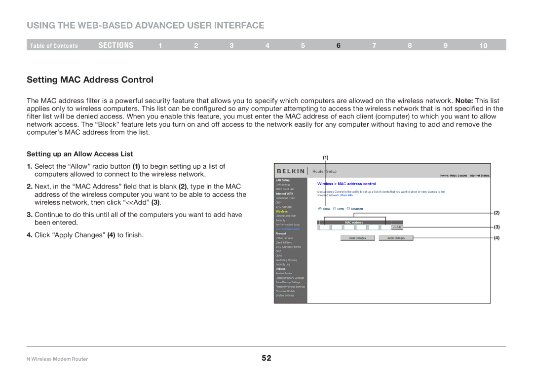 Belkin PM01527ea F5D8636-4 user manual Setting MAC Address Control, Setting up an Allow Access List 