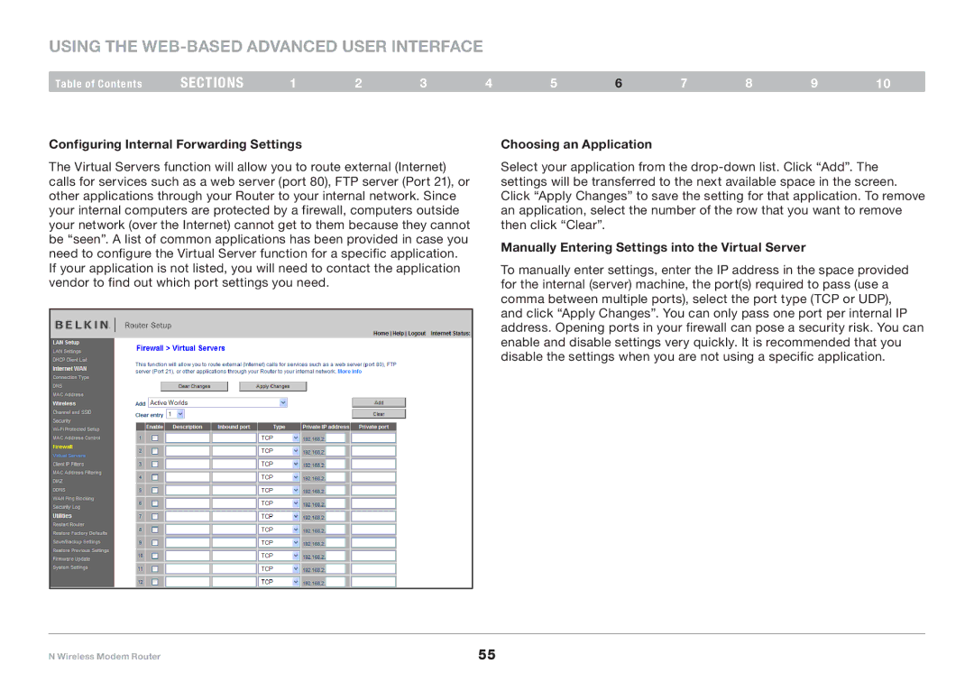 Belkin PM01527ea F5D8636-4 user manual Configuring Internal Forwarding Settings, Choosing an Application 