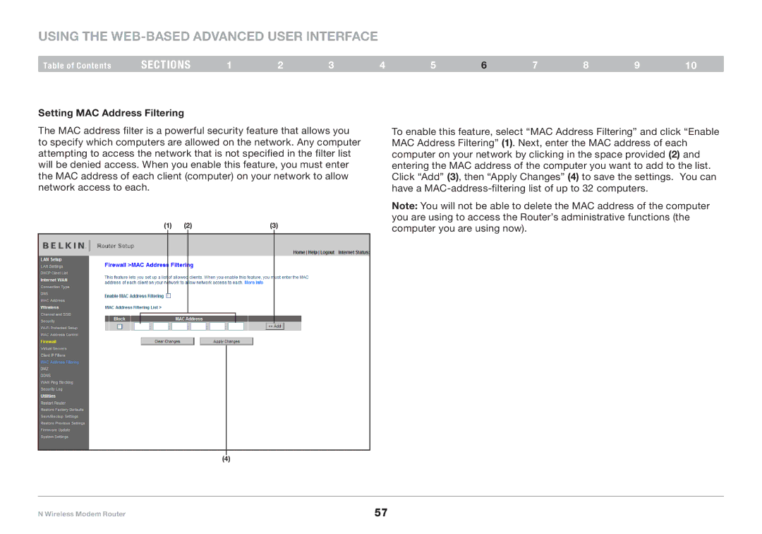 Belkin PM01527ea F5D8636-4 user manual Setting MAC Address Filtering 