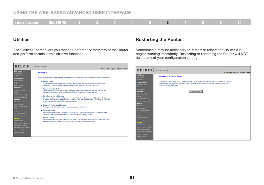 Belkin PM01527ea F5D8636-4 user manual Utilities Restarting the Router 