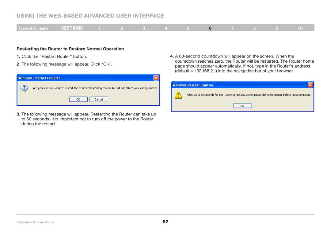 Belkin PM01527ea F5D8636-4 user manual Restarting the Router to Restore Normal Operation 