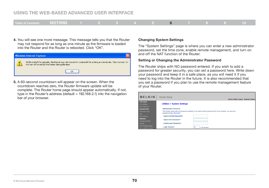 Belkin PM01527ea F5D8636-4 user manual Changing System Settings, Setting or Changing the Administrator Password 