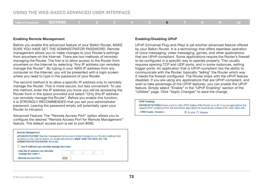 Belkin PM01527ea F5D8636-4 user manual Enabling Remote Management Enabling/Disabling UPnP 