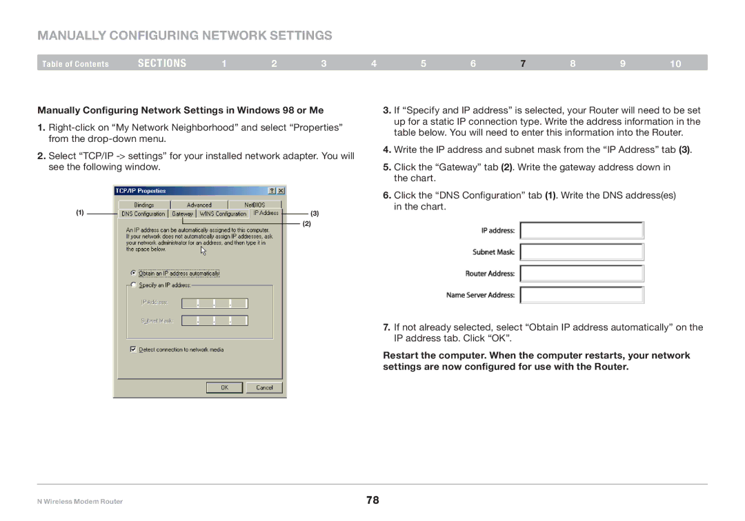 Belkin PM01527ea F5D8636-4 user manual Manually Configuring Network Settings in Windows 98 or Me 