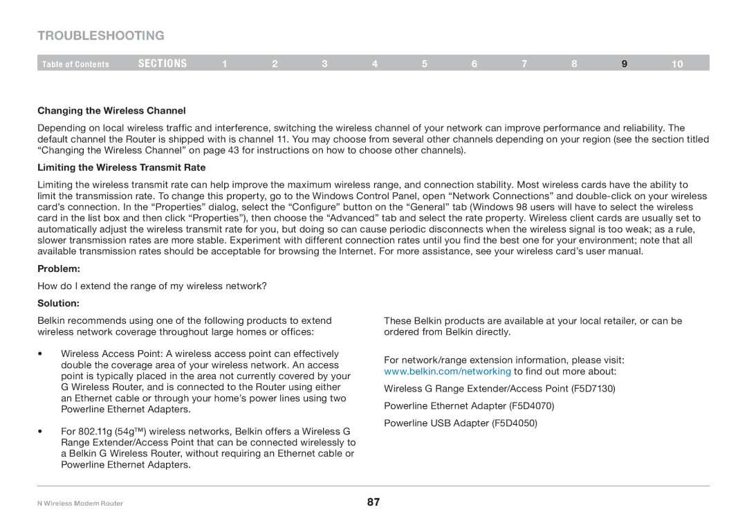 Belkin PM01527ea F5D8636-4 user manual Changing the Wireless Channel, Limiting the Wireless Transmit Rate Problem 