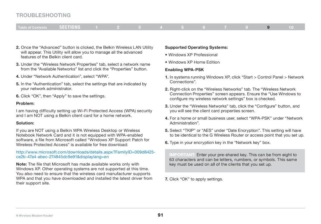 Belkin PM01527ea F5D8636-4 user manual Supported Operating Systems, Enabling WPA-PSK 