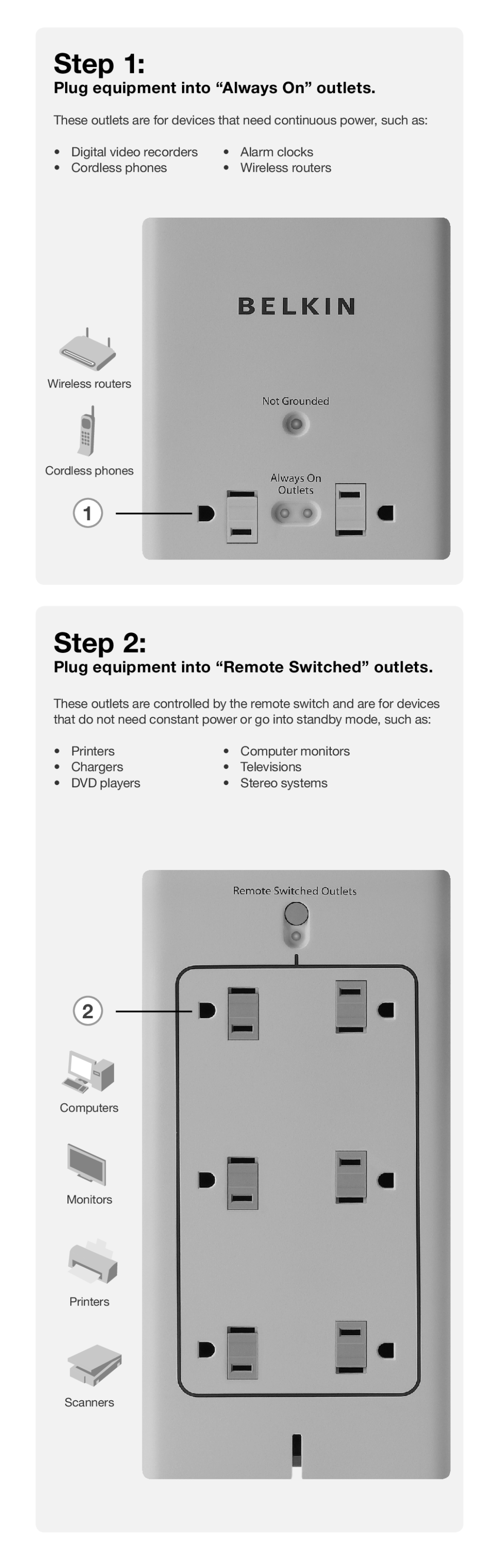 Belkin PM01629 quick start Step, Plug equipment into “Always On” outlets, Plug equipment into “Remote Switched” outlets 