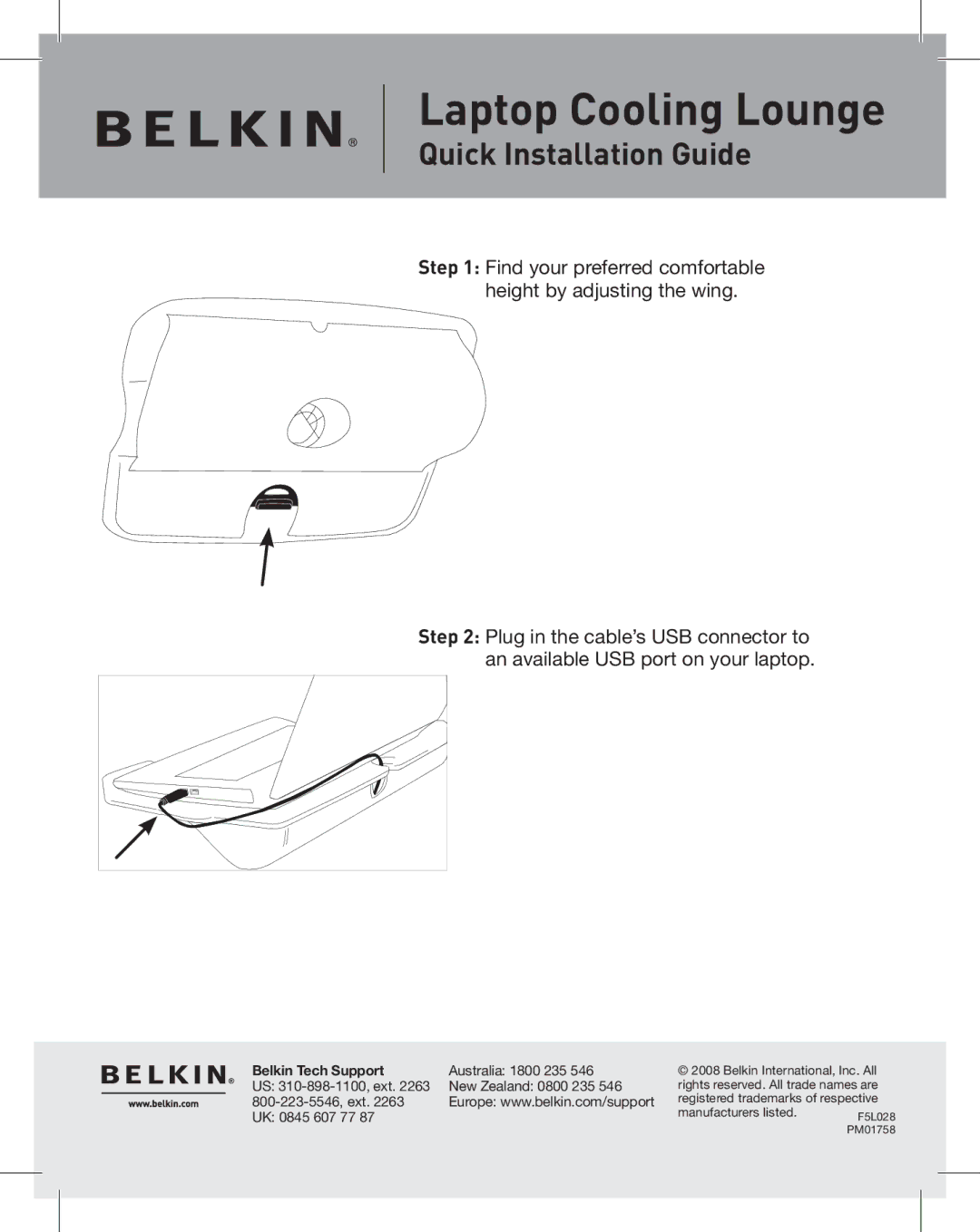 Belkin F5L028, PM01758 manual Laptop Cooling Lounge, Quick Installation Guide, Belkin Tech Support, Australia 1800 235 