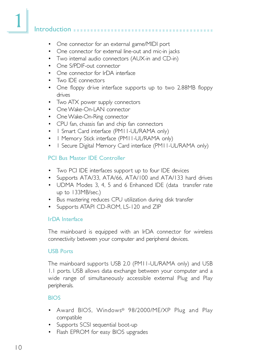 Belkin PM11-UL/RAMA, PM11-EL/RAMA, PM11-EC/RAMA manual PCI Bus Master IDE Controller, IrDA Interface, USB Ports 