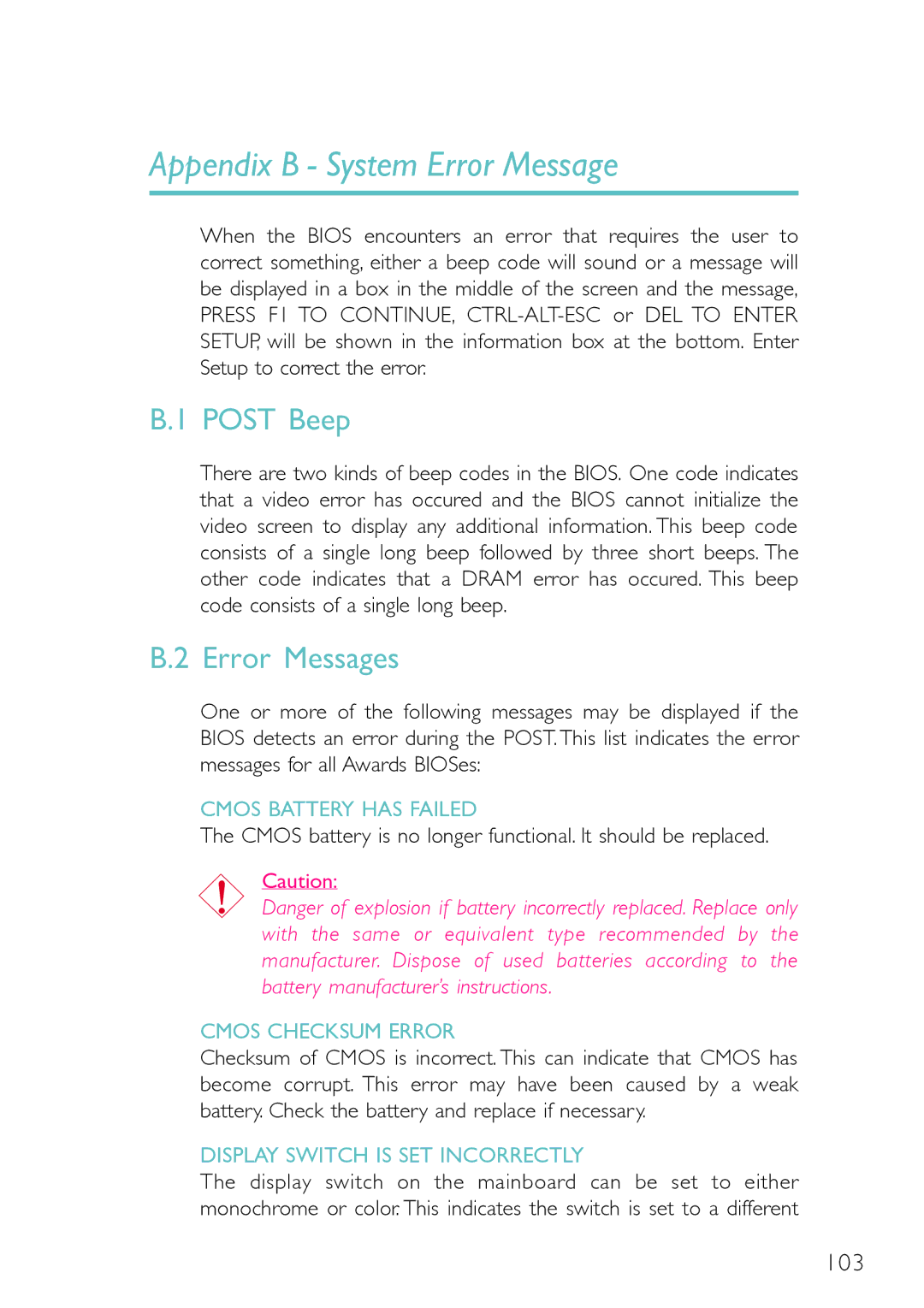 Belkin PM11-UL/RAMA, PM11-EL/RAMA Post Beep, Error Messages, Cmos battery is no longer functional. It should be replaced 