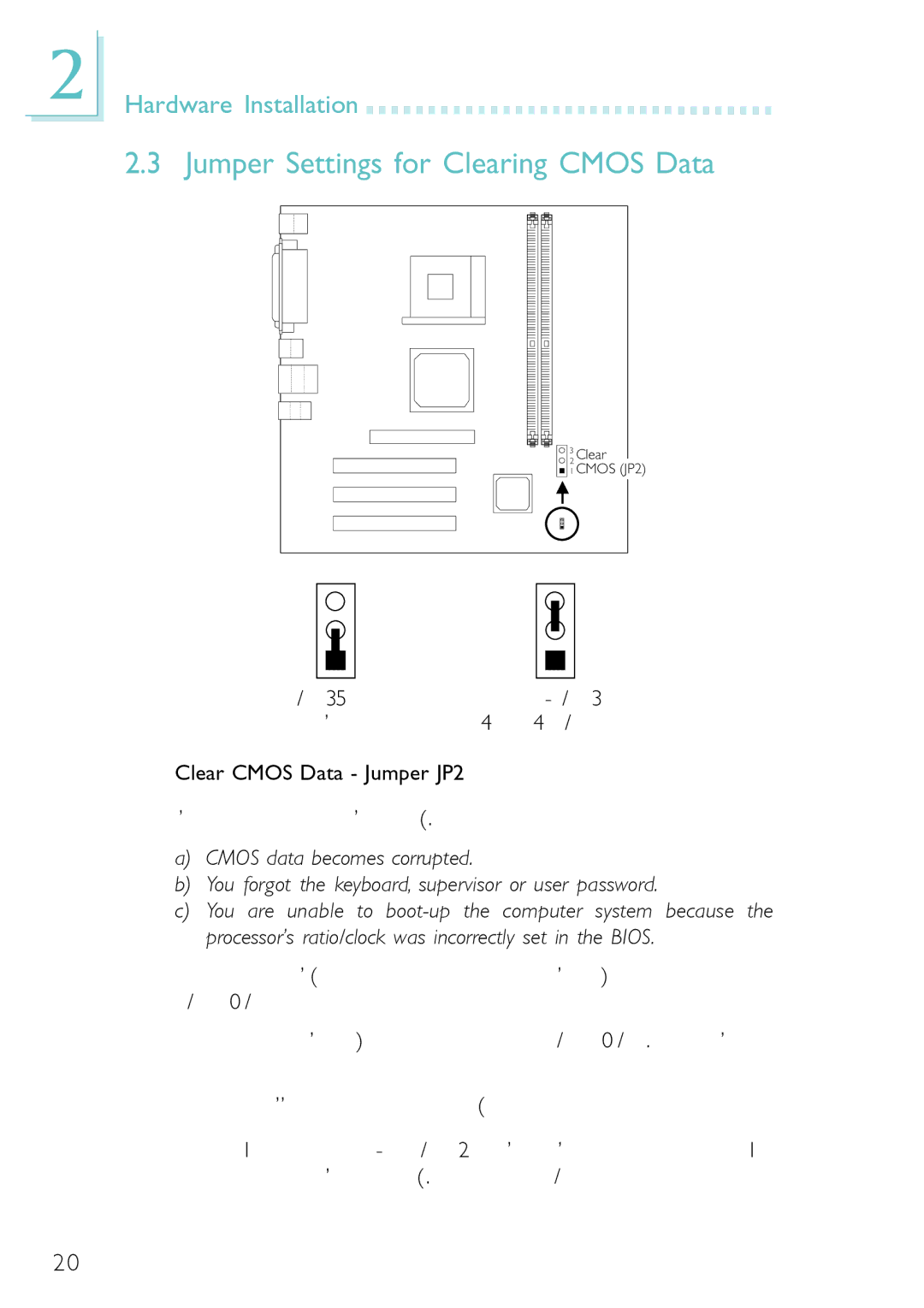 Belkin PM11-EC/RAMA Jumper Settings for Clearing Cmos Data, Clear Cmos Data Jumper JP2 If you encounter the following 