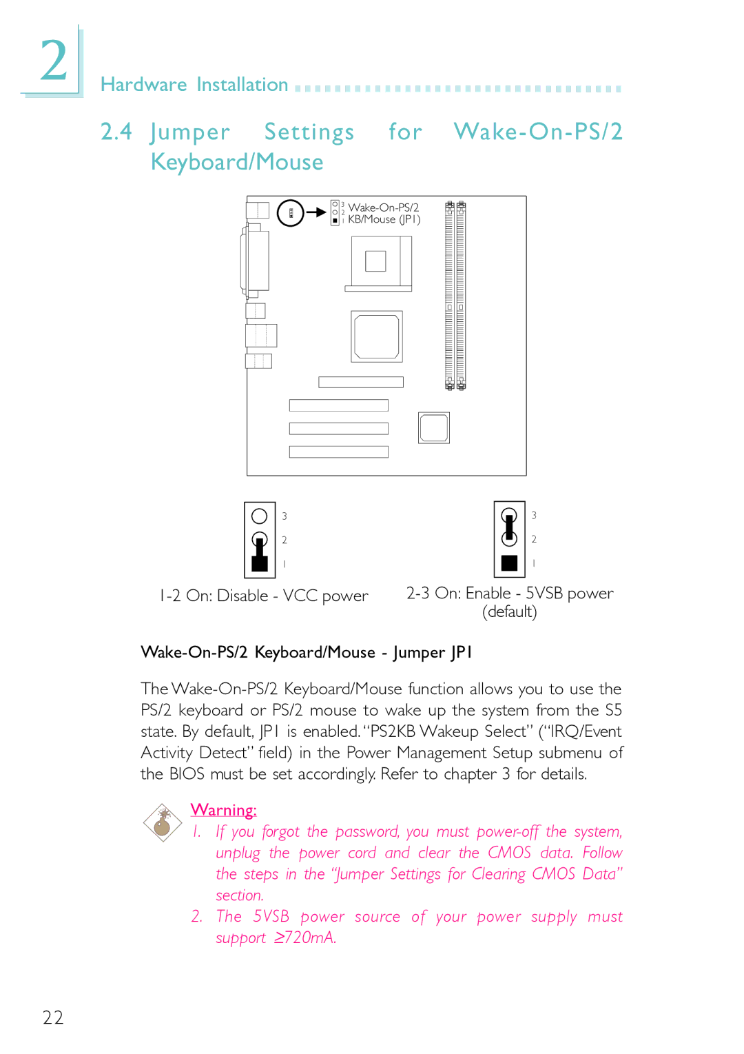 Belkin PM11-UL/RAMA, PM11-EL/RAMA, PM11-EC/RAMA manual Jumper Settings for Wake-On-PS/2 Keyboard/Mouse, On Disable VCC power 