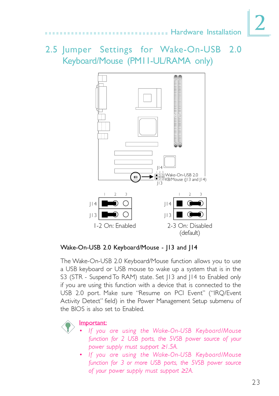 Belkin PM11-EC/RAMA, PM11-EL/RAMA, PM11-UL/RAMA manual Wake-On-USB 2.0 Keyboard/Mouse J13 and J14 