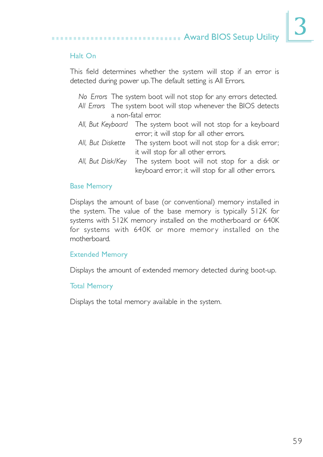 Belkin PM11-EC/RAMA, PM11-EL/RAMA, PM11-UL/RAMA manual Halt On, Base Memory, Extended Memory, Total Memory 