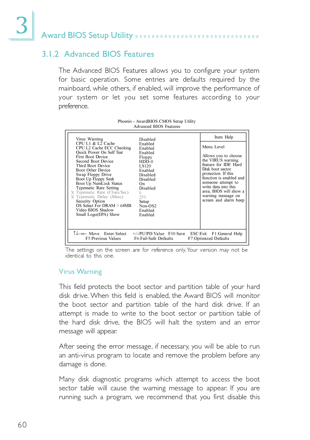 Belkin PM11-EL/RAMA, PM11-UL/RAMA, PM11-EC/RAMA manual Award Bios Setup Utility Advanced Bios Features, Virus Warning 