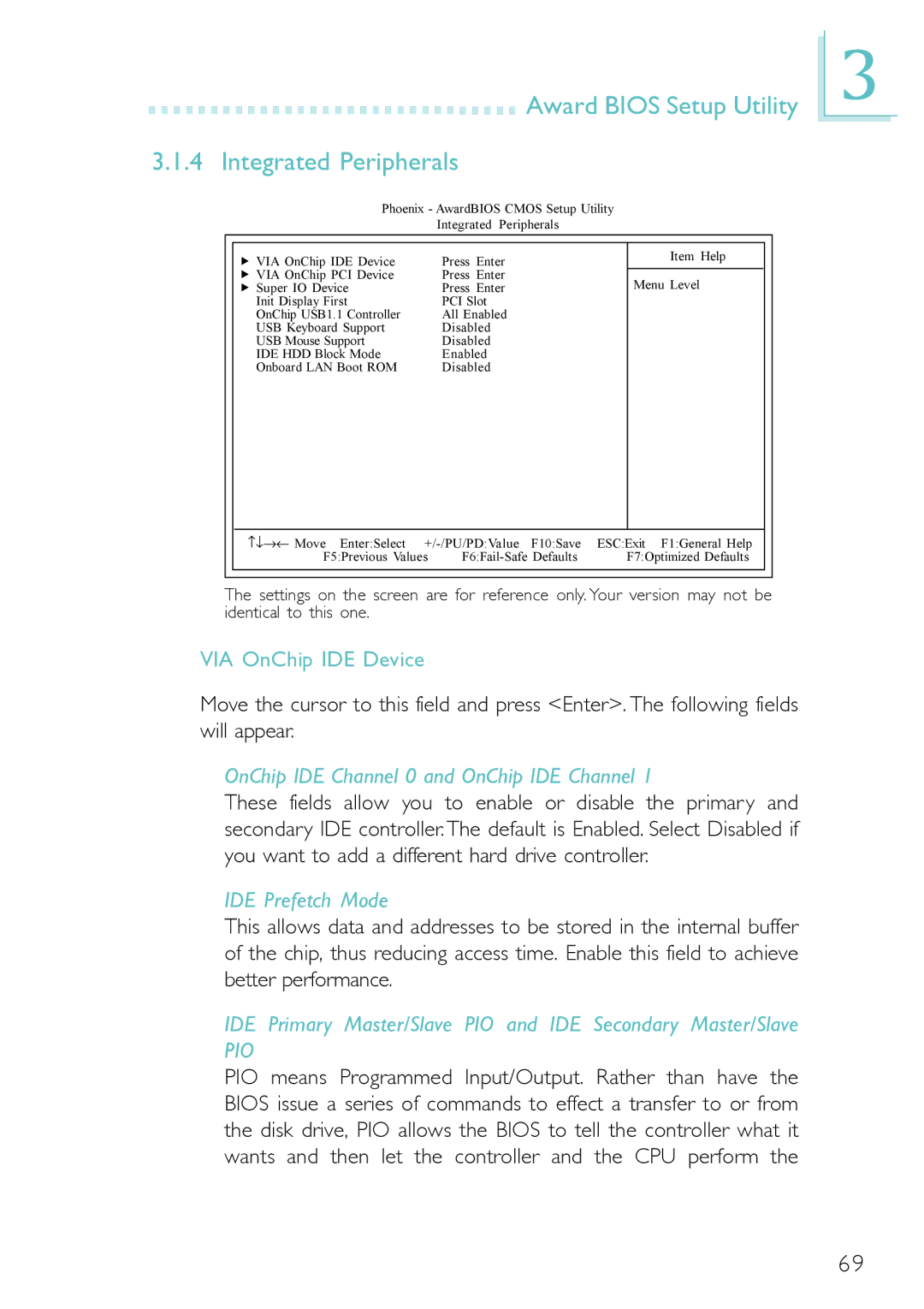 Belkin PM11-EL/RAMA manual Award Bios Setup Utility Integrated Peripherals, VIA OnChip IDE Device, IDE Prefetch Mode 