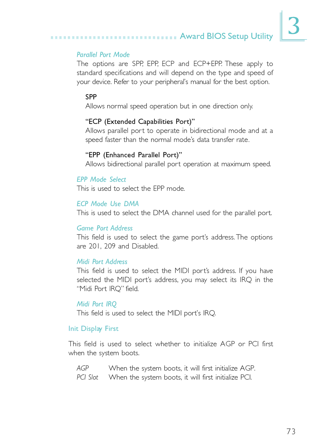 Belkin PM11-UL/RAMA manual Parallel Port Mode, EPP Mode Select, ECP Mode Use DMA, Game Port Address, Midi Port Address 