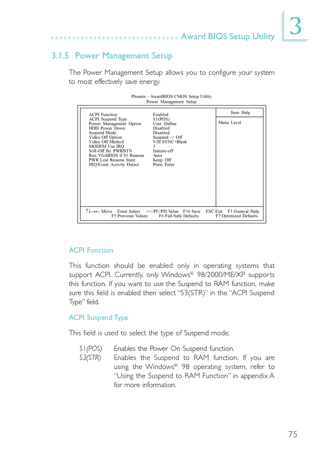 Belkin PM11-EL/RAMA, PM11-UL/RAMA manual Award Bios Setup Utility Power Management Setup, Acpi Function, Acpi Suspend Type 