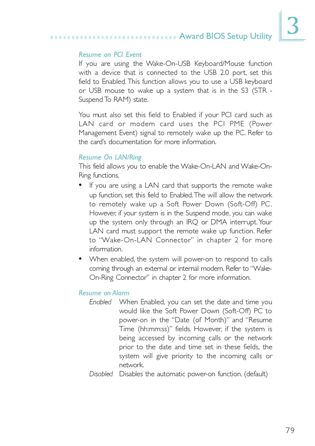 Belkin PM11-UL/RAMA, PM11-EL/RAMA, PM11-EC/RAMA manual Resume on PCI Event, Resume On LAN/Ring, Resume on Alarm 