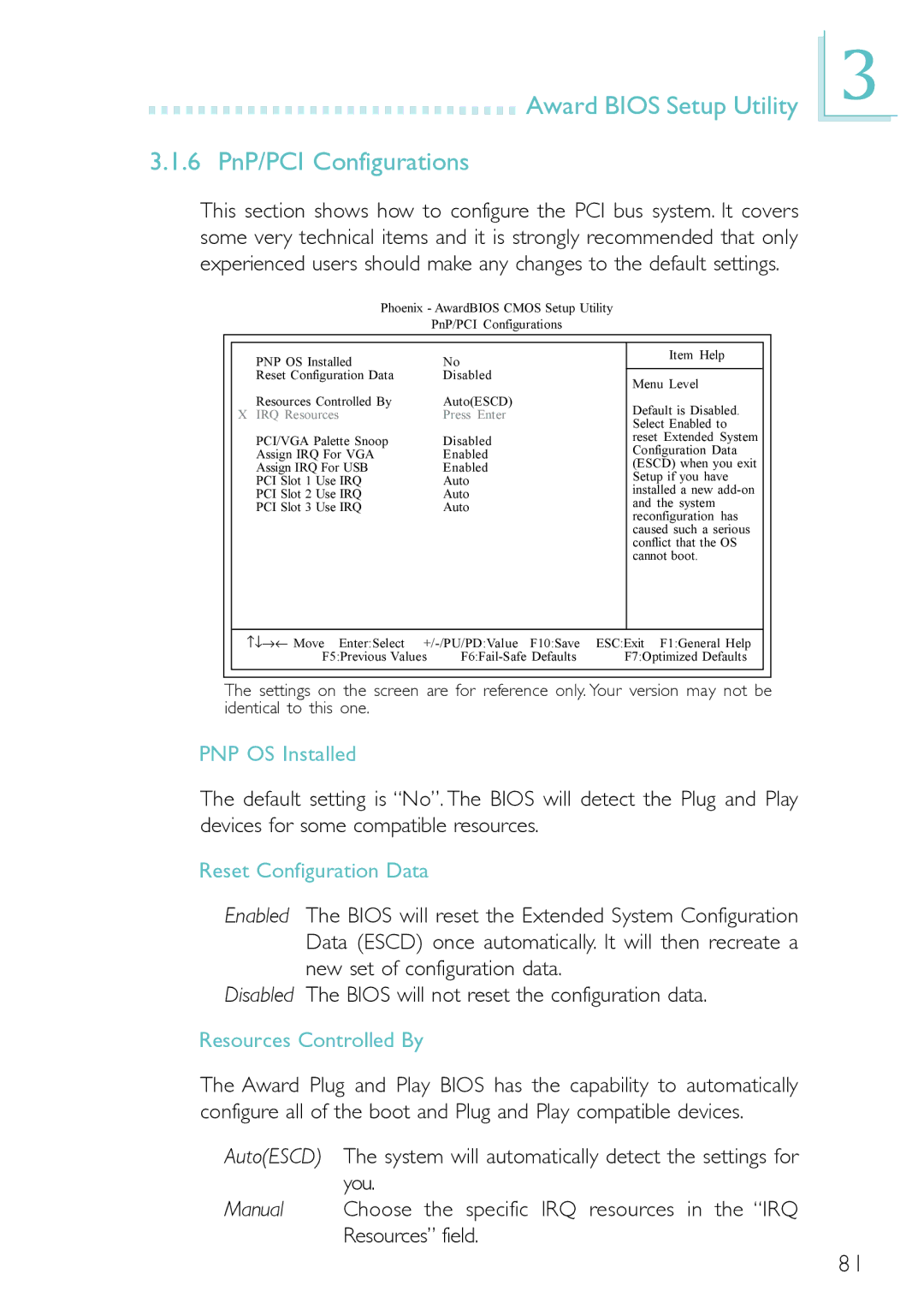 Belkin PM11-EL/RAMA manual Award Bios Setup Utility 6 PnP/PCI Configurations, PNP OS Installed, Reset Configuration Data 