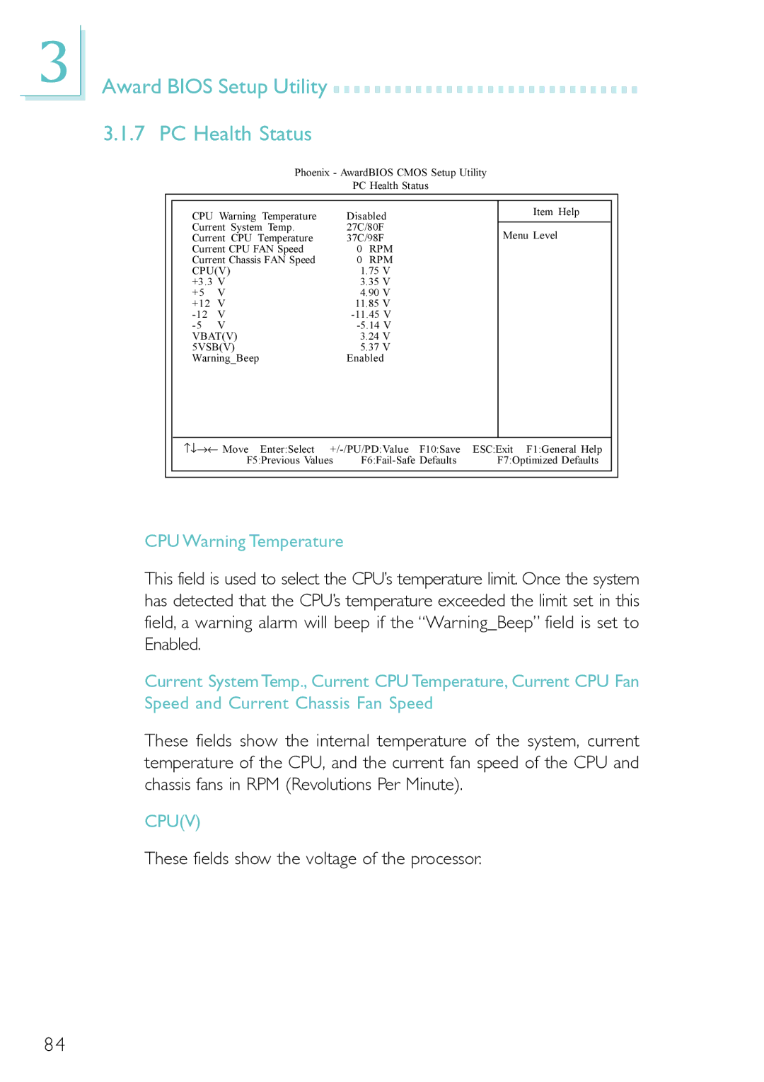 Belkin PM11-EL/RAMA, PM11-UL/RAMA, PM11-EC/RAMA manual Award Bios Setup Utility PC Health Status, CPU Warning Temperature 