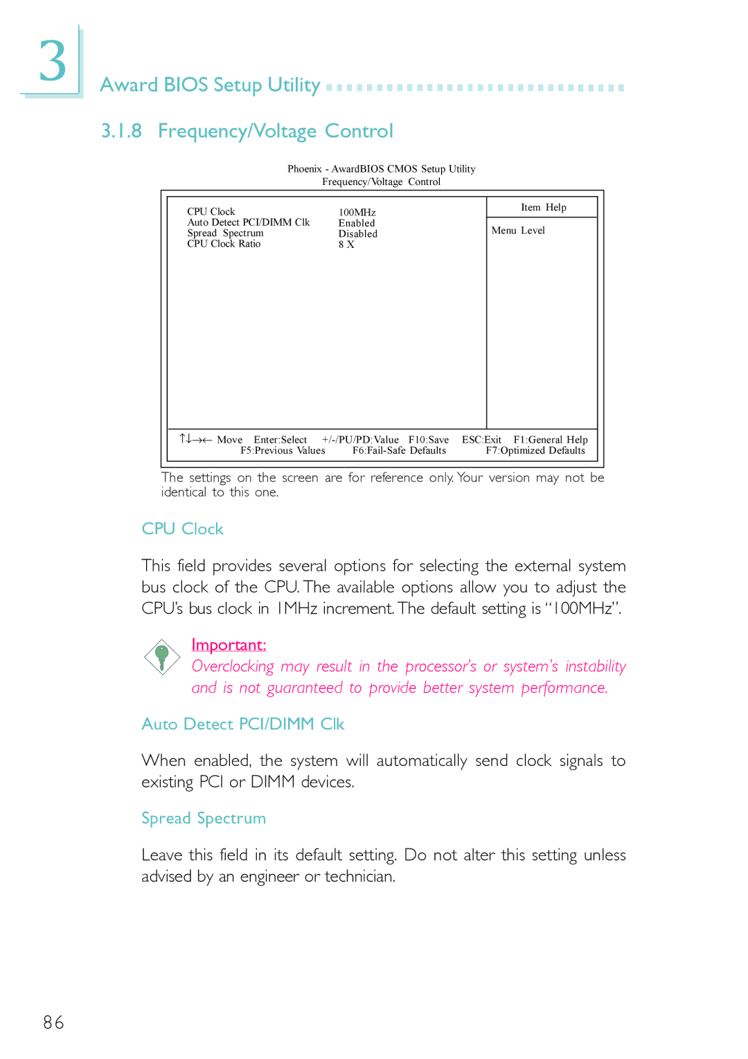 Belkin PM11-EC/RAMA, PM11-EL/RAMA Award Bios Setup Utility Frequency/Voltage Control, CPU Clock, Auto Detect PCI/DIMM Clk 