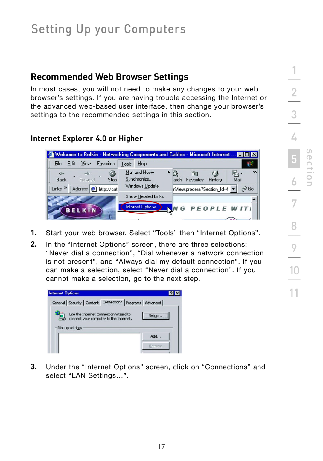 Belkin Pre-N manual Recommended Web Browser Settings, Internet Explorer 4.0 or Higher, Setting Up your Computers, section 