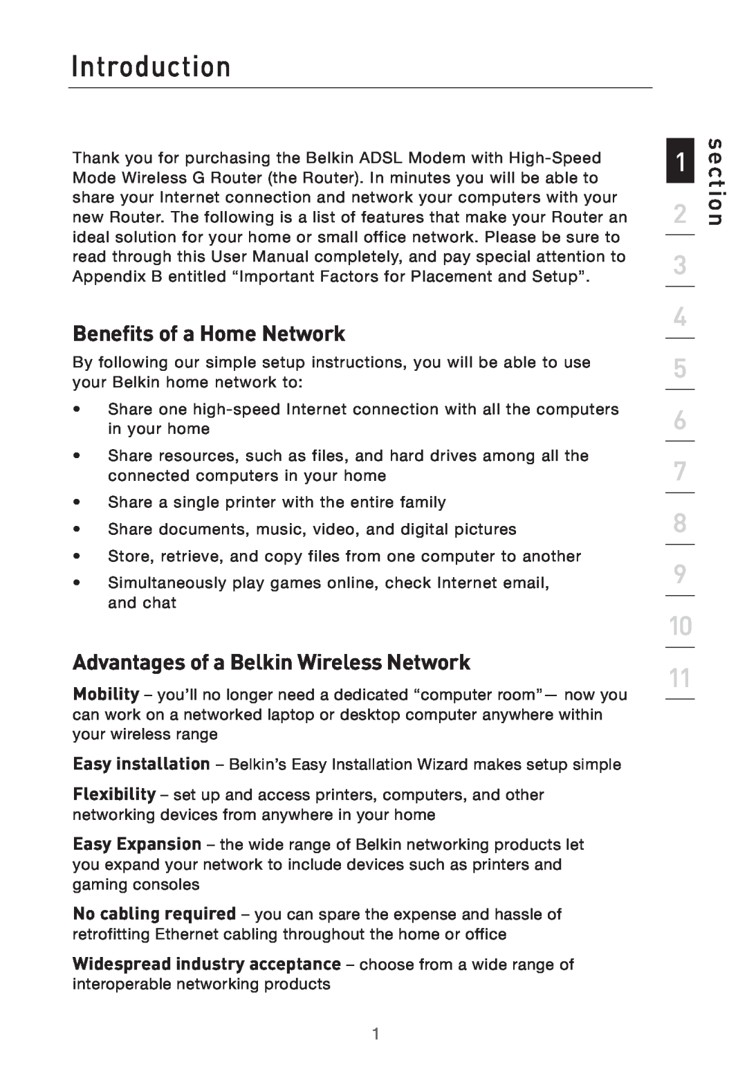 Belkin Pre-N manual Introduction, section, Benefits of a Home Network, Advantages of a Belkin Wireless Network 