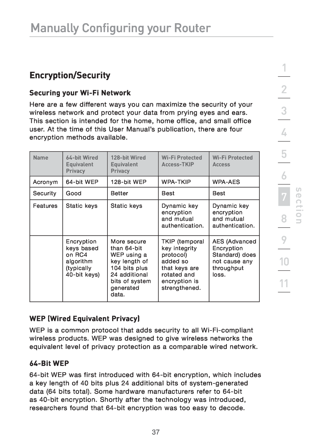 Belkin Pre-N manual Encryption/Security, Securing your Wi-Fi Network, WEP Wired Equivalent Privacy, Bit WEP, section 