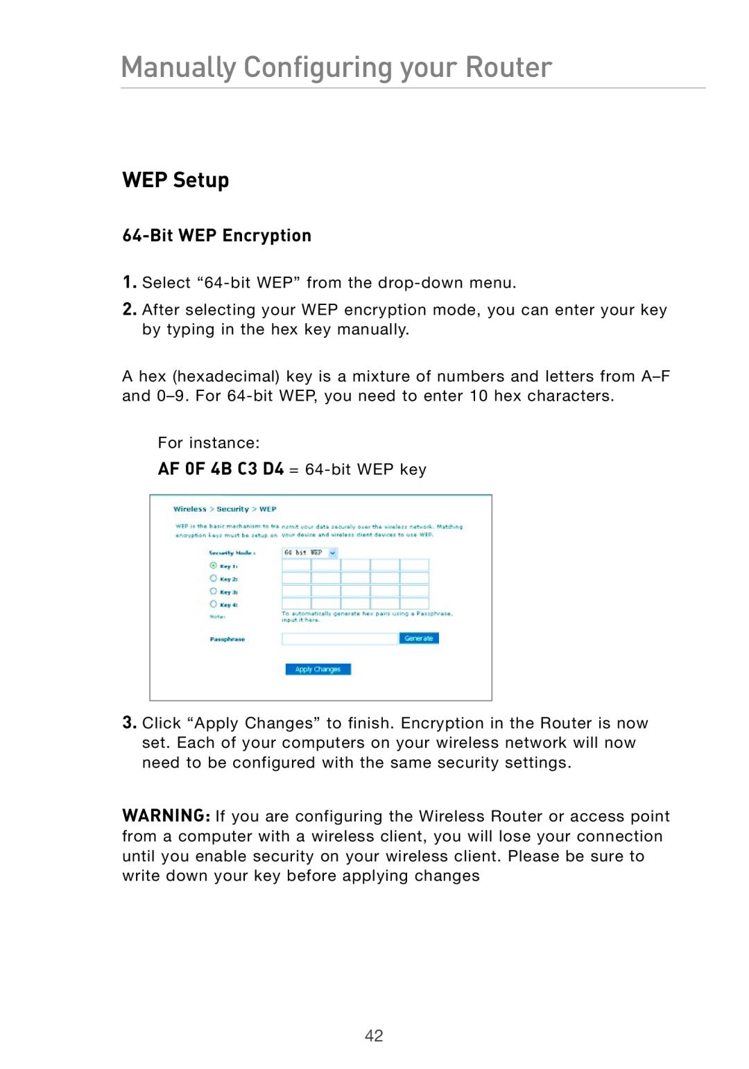 Belkin Pre-N manual WEP Setup, Bit WEP Encryption, Manually Configuring your Router 