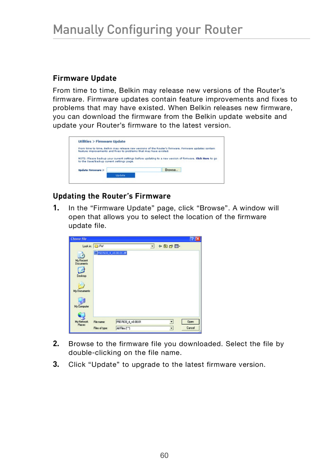Belkin Pre-N manual Firmware Update, Updating the Router’s Firmware, Manually Configuring your Router 