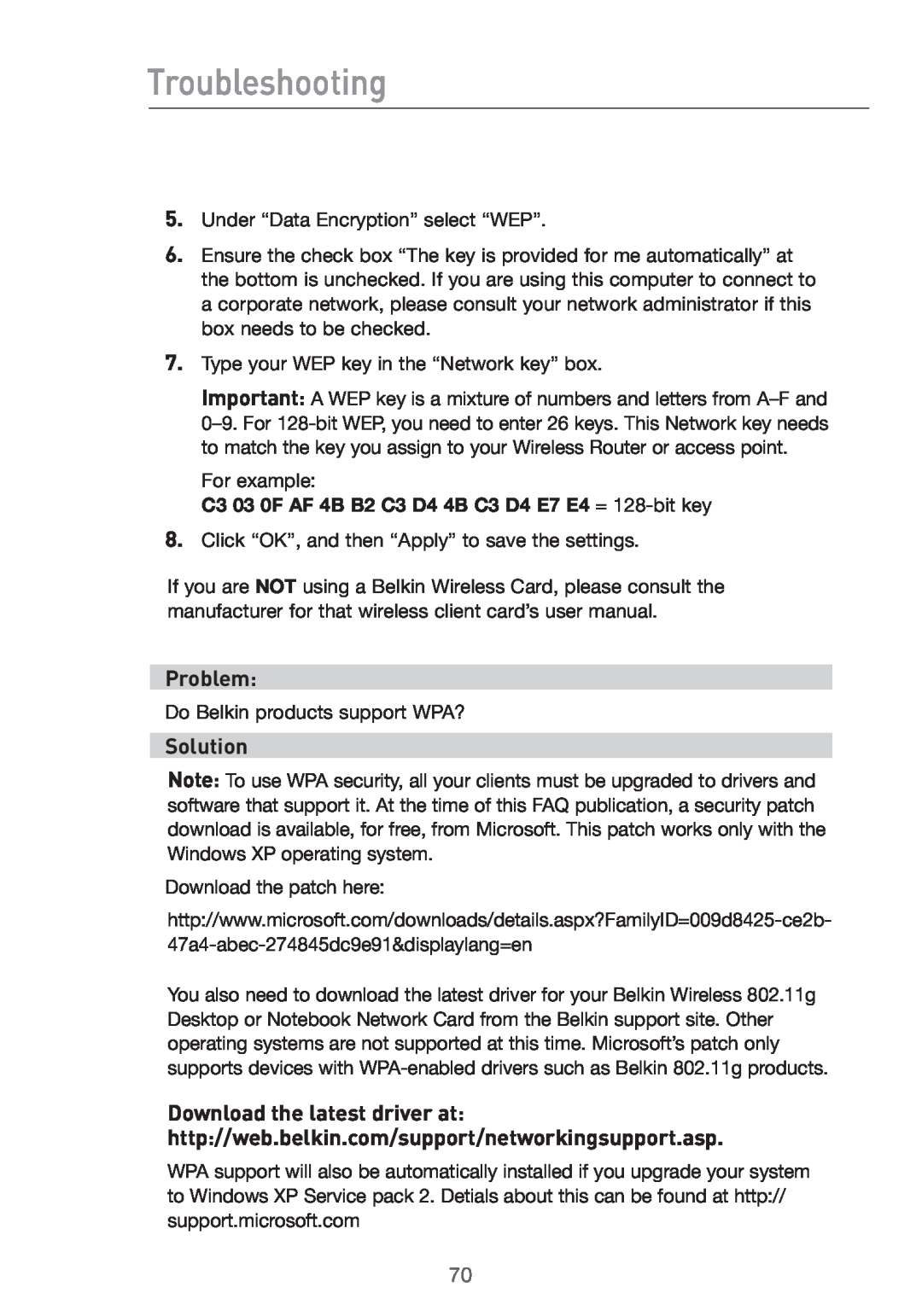Belkin Pre-N manual Troubleshooting, Problem, Solution, Under “Data Encryption” select “WEP” 