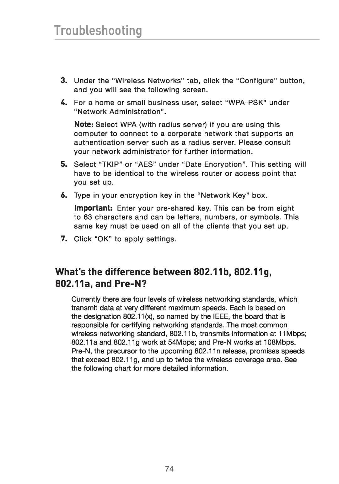 Belkin manual What’s the difference between 802.11b, 802.11g, 802.11a, and Pre-N?, Troubleshooting 