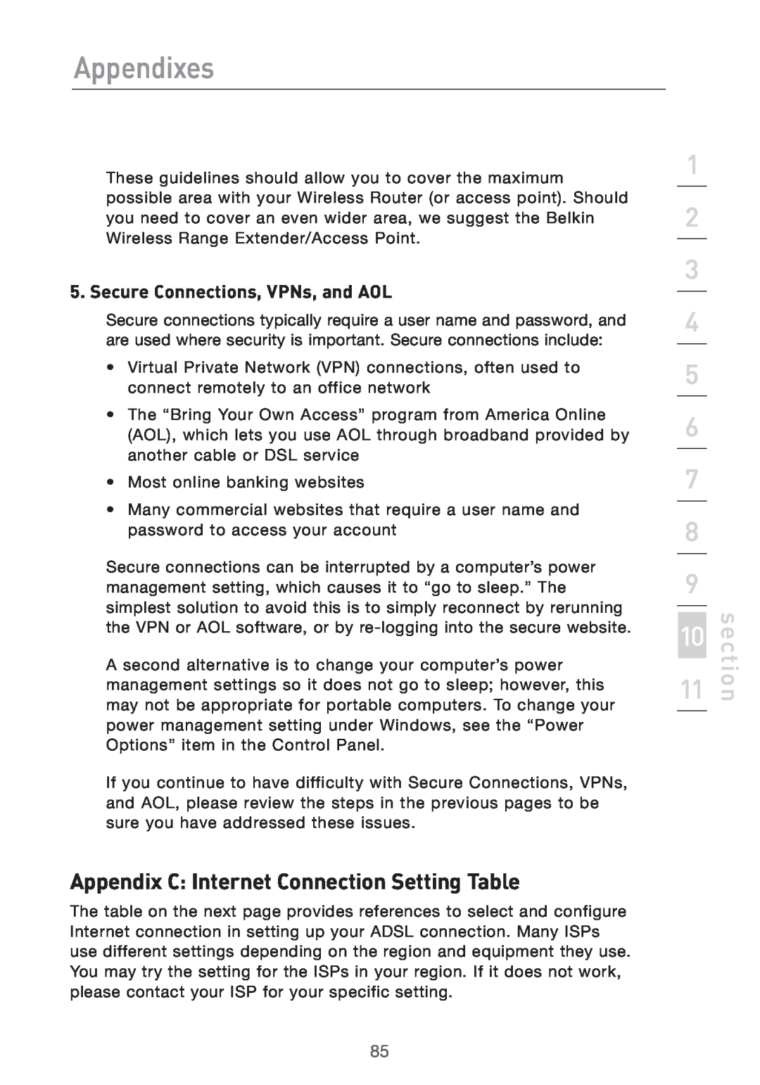 Belkin Pre-N manual Appendix C Internet Connection Setting Table, Secure Connections, VPNs, and AOL, Appendixes, section 