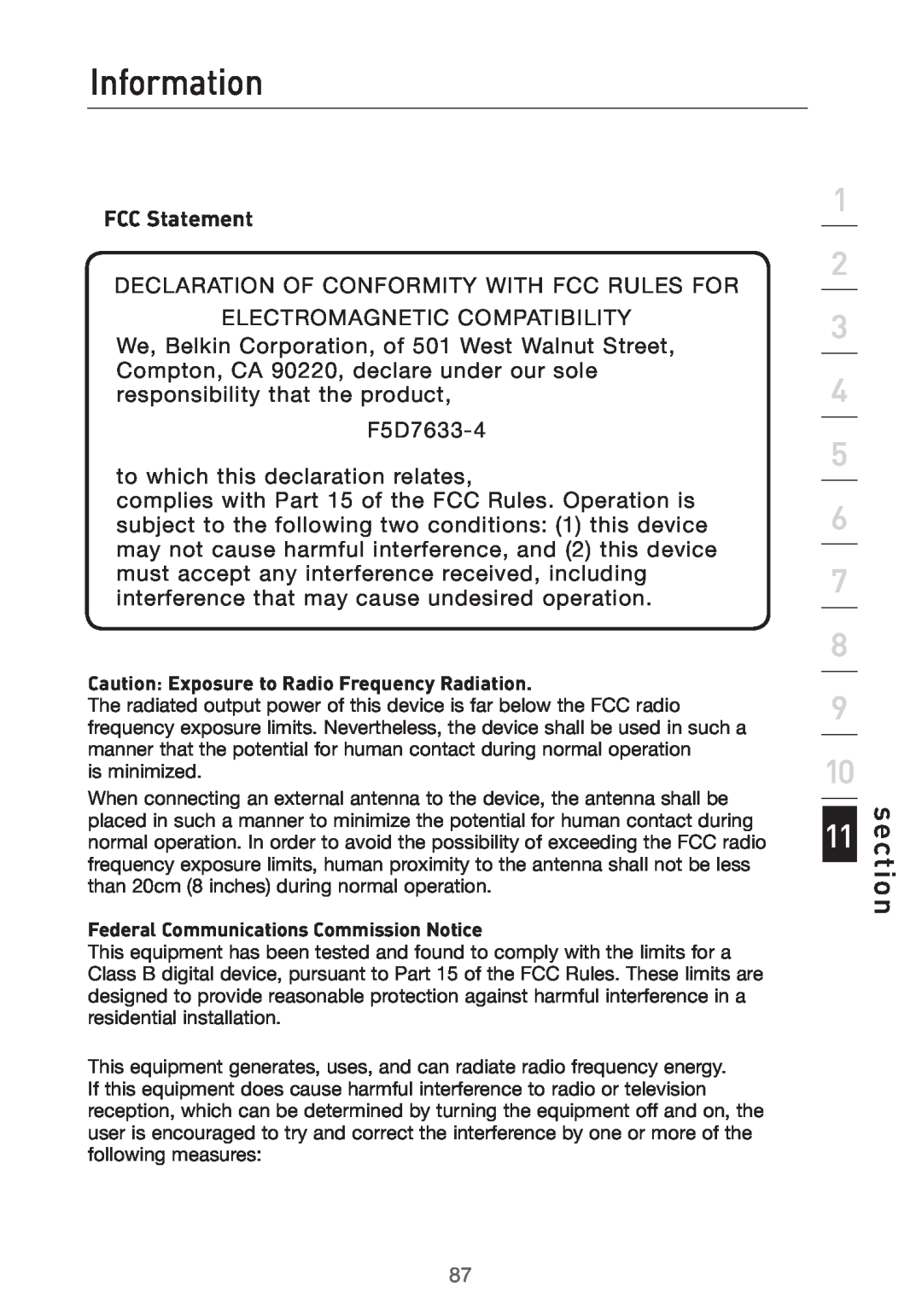 Belkin Pre-N manual Information, FCC Statement, section 