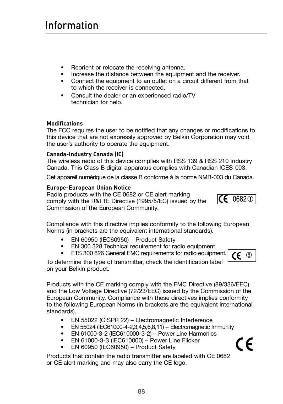 Belkin Pre-N manual Information, Modifications, Canada-Industry Canada IC, Europe-European Union Notice 
