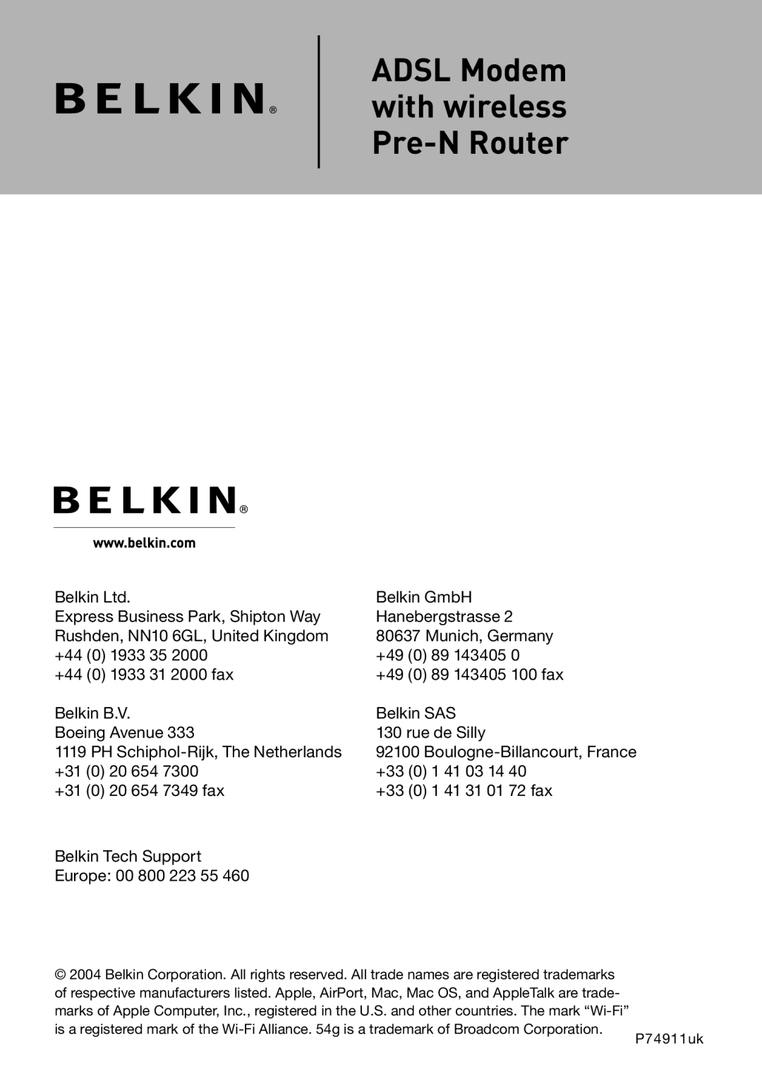 Belkin manual ADSL Modem with wireless Pre-N Router, P74911uk 