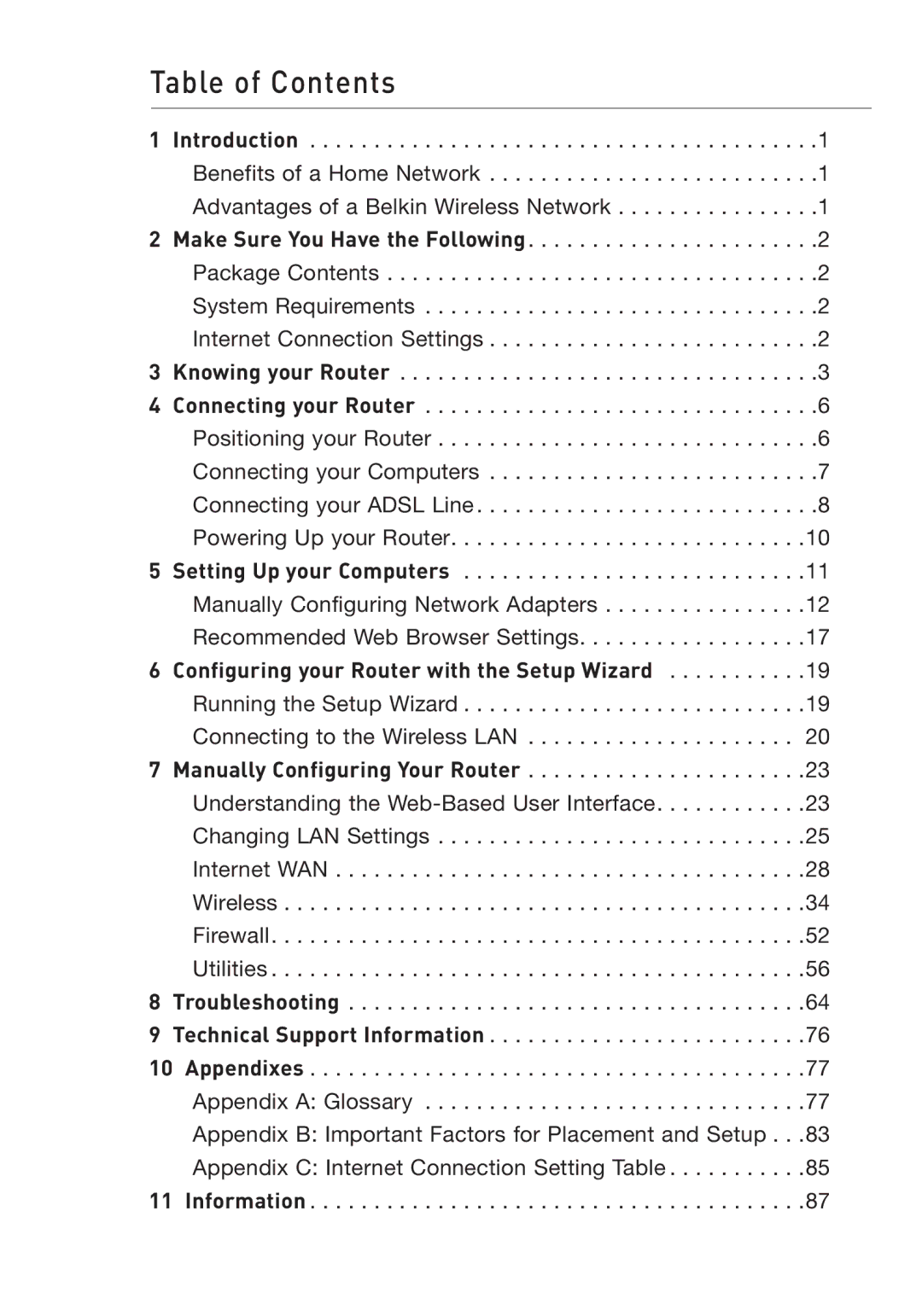 Belkin Pre-N manual Table of Contents 