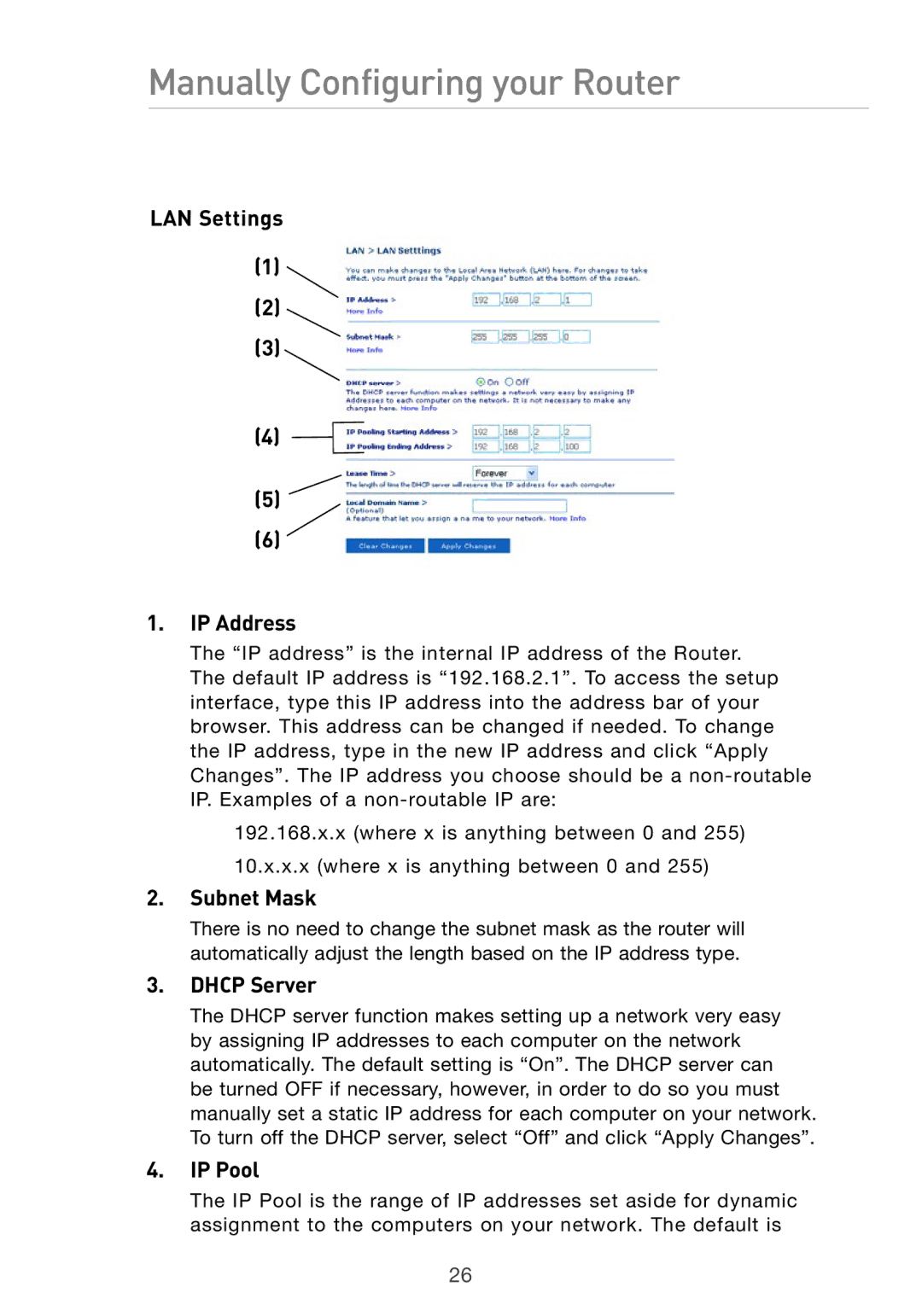 Belkin Pre-N manual LAN Settings IP Address, Subnet Mask, Dhcp Server, IP Pool 