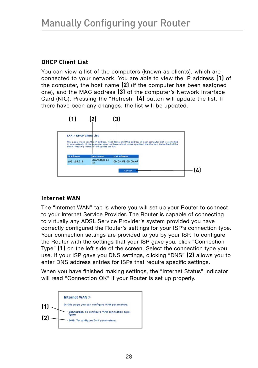 Belkin Pre-N manual Dhcp Client List, Internet WAN 