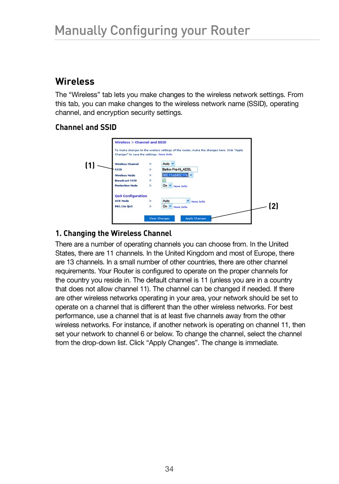 Belkin Pre-N manual Channel and Ssid Changing the Wireless Channel 