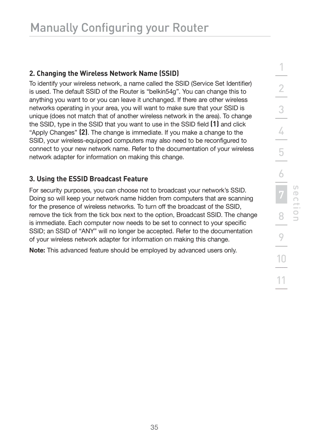 Belkin Pre-N manual Changing the Wireless Network Name Ssid, Using the Essid Broadcast Feature 