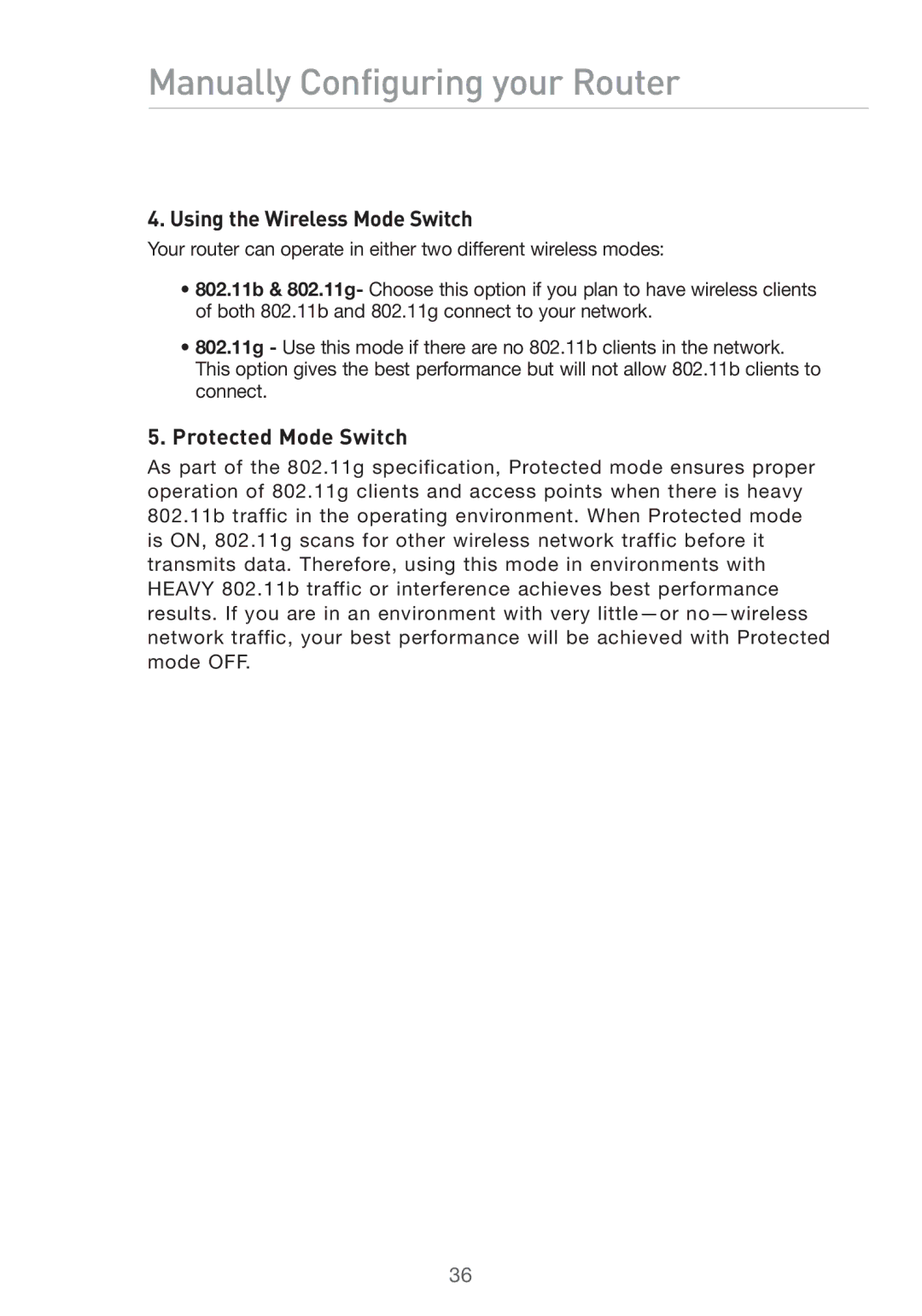 Belkin Pre-N manual Using the Wireless Mode Switch, Protected Mode Switch 