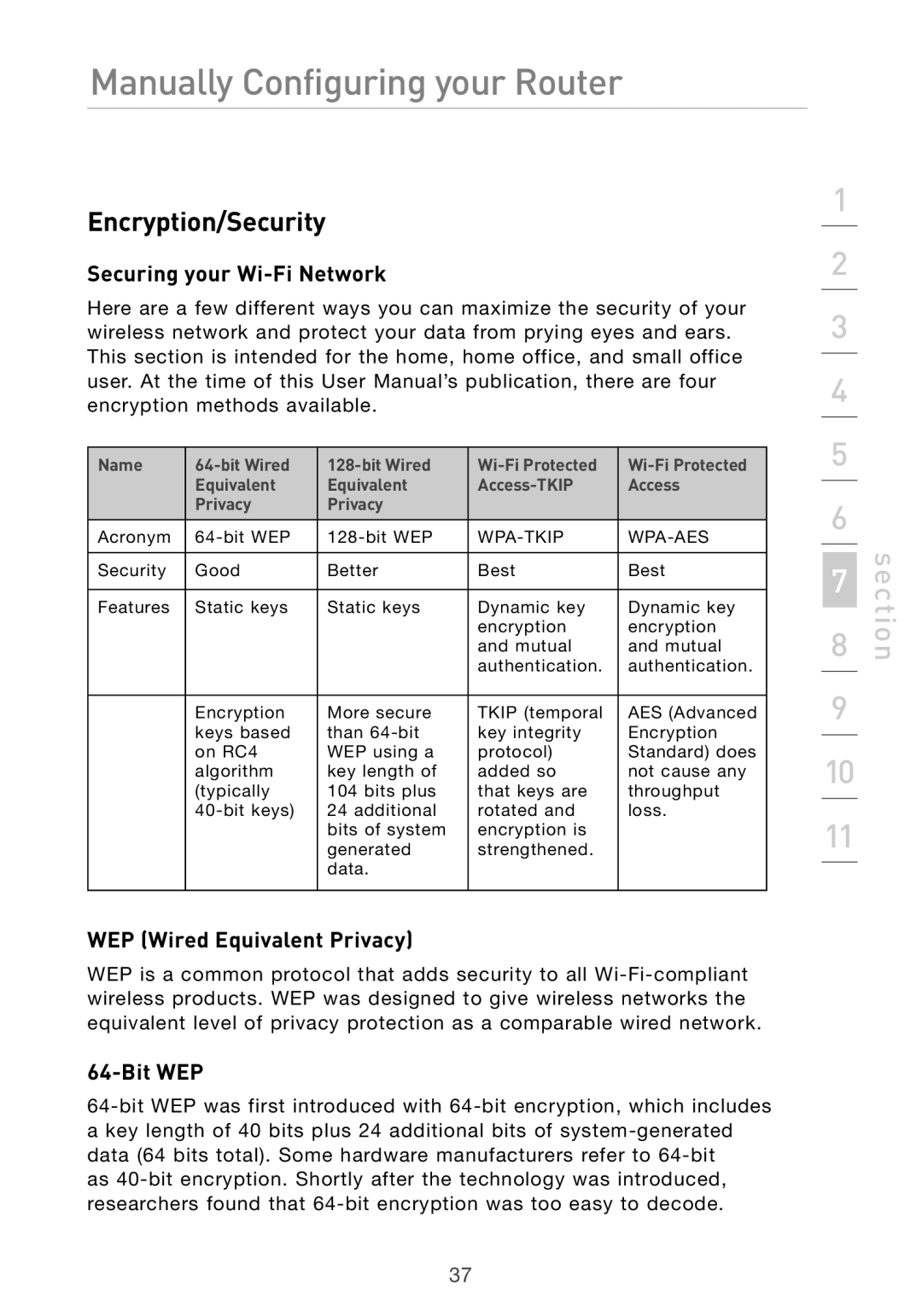 Belkin Pre-N manual Encryption/Security, Securing your Wi-Fi Network, WEP Wired Equivalent Privacy, Bit WEP 